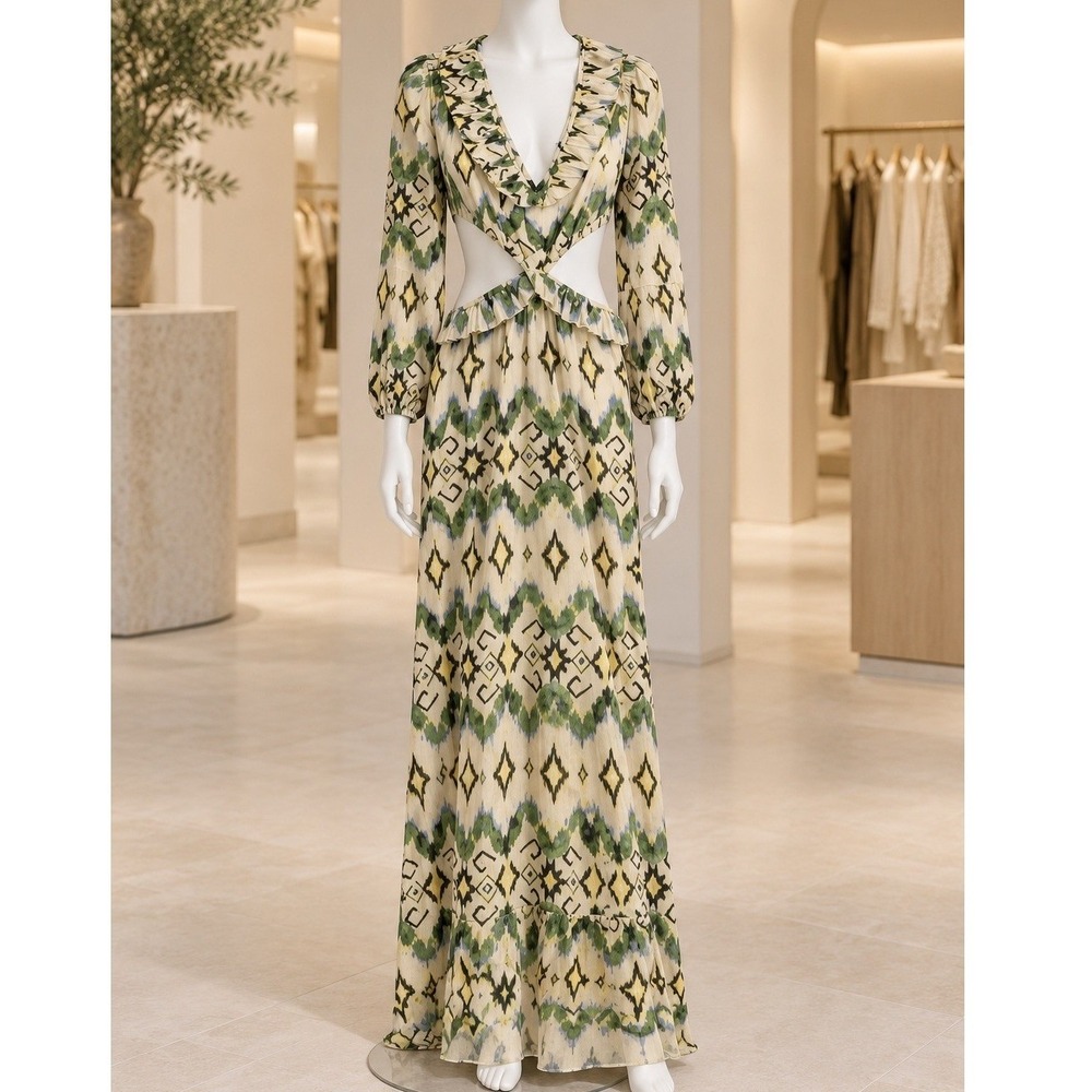Allison New York Womens Everly Maxi Dress Green Ikat Cutout Small